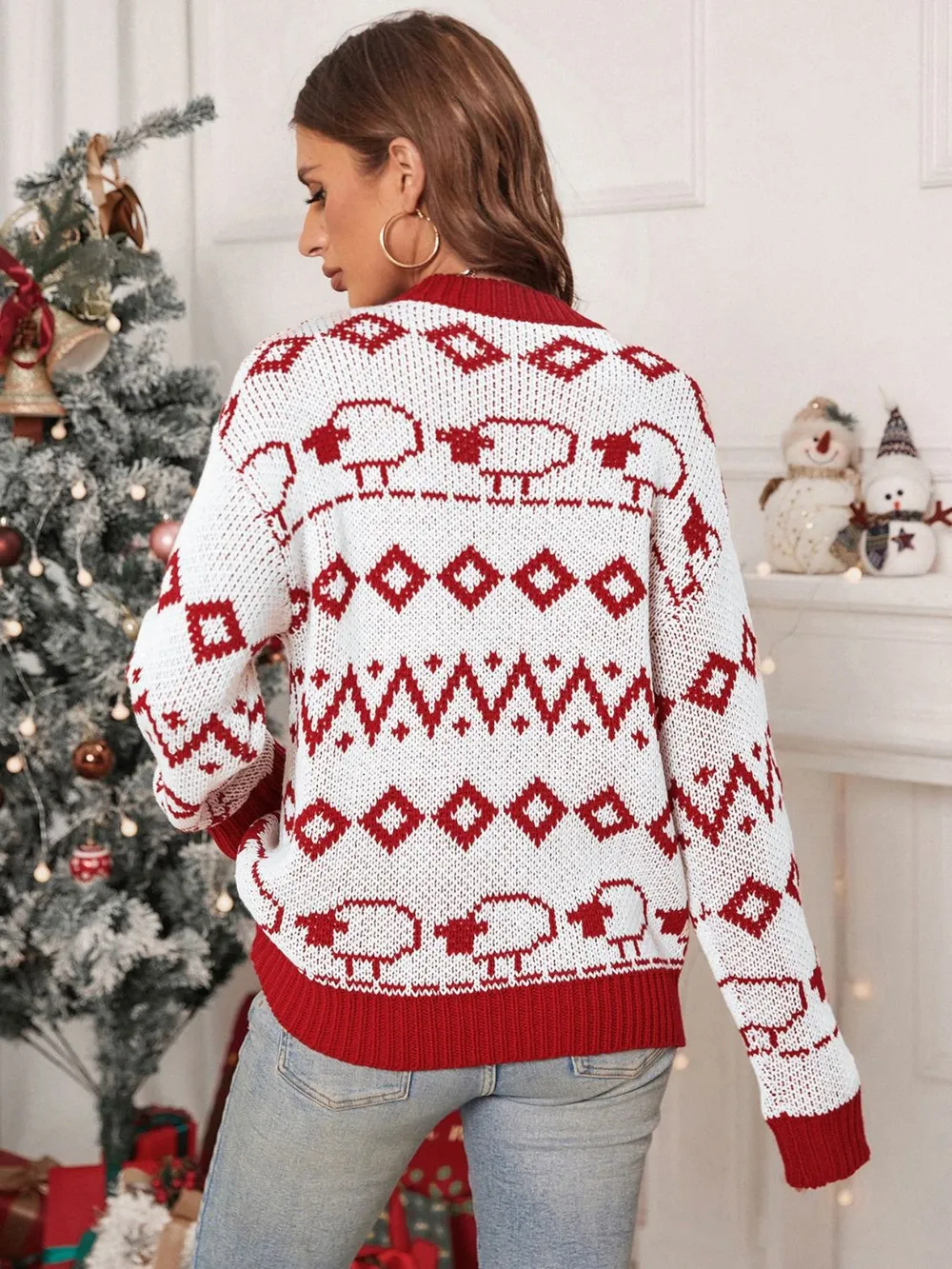 Contrast Geometric Round Neck Long Sleeve Sweater, image 2