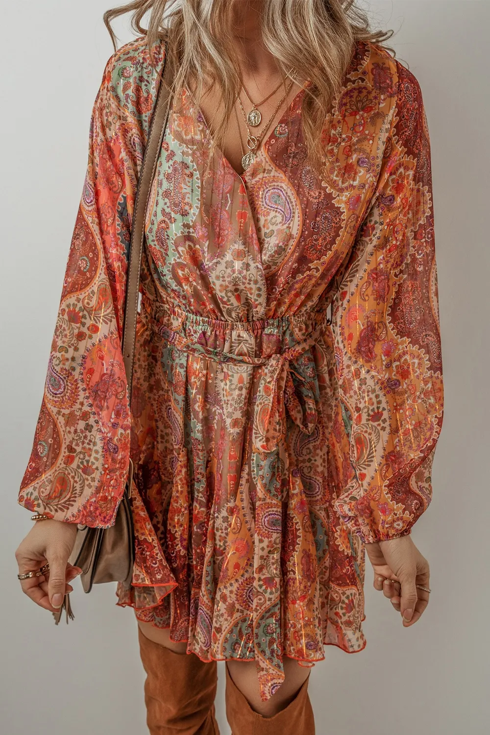 Tied Printed Balloon Sleeve Mini Dress, image 4