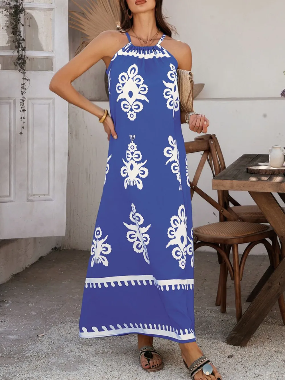 Grecian Neck Printed Maxi Dress, image 18