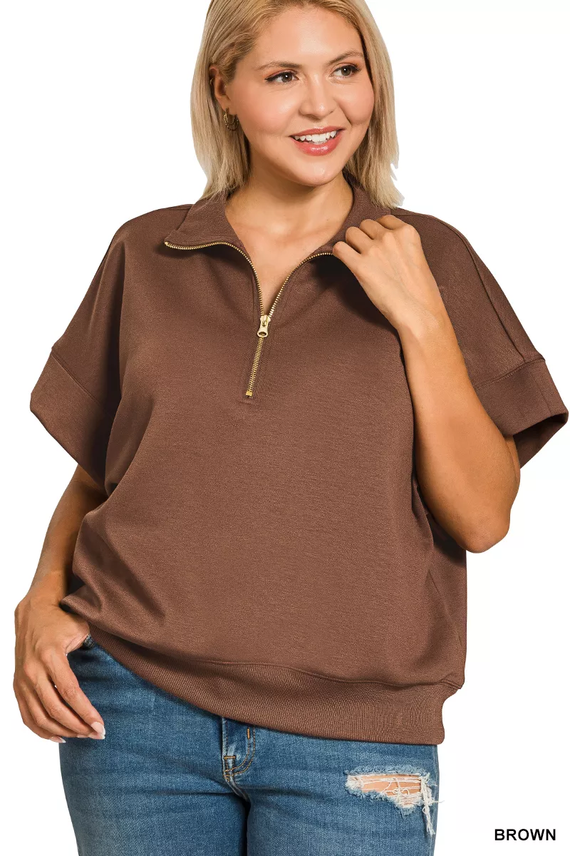 Full Size Scuba High Neck Half Zip Short Sleeve Top Plus Size, image 2