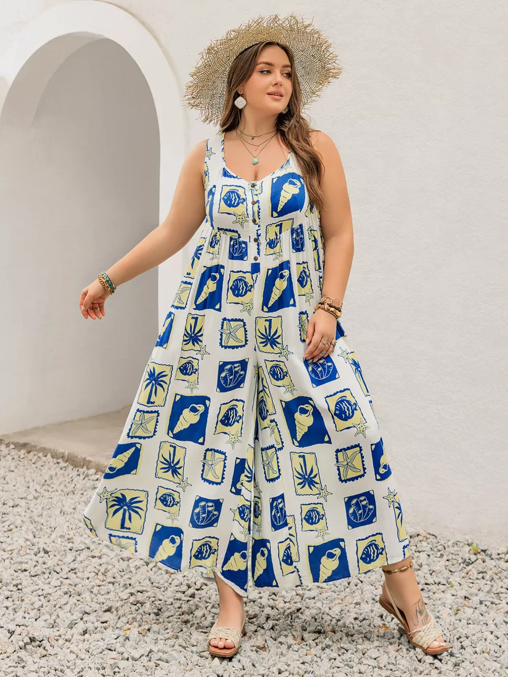 Plus Size Nautical Print Sleeveless Jumpsuit, image 4