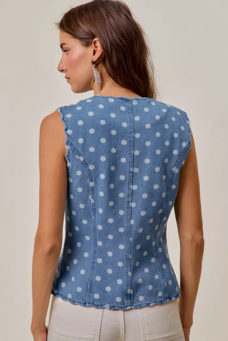 Polka Dot Denim Scallop Edge Button Down Vest Top, image 8