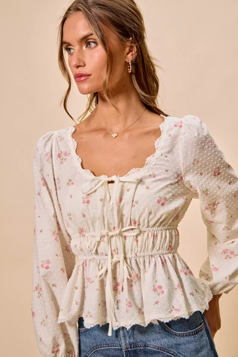 Floral Clip Dot Lace Trim Ruched Bodice Blouse, image 12