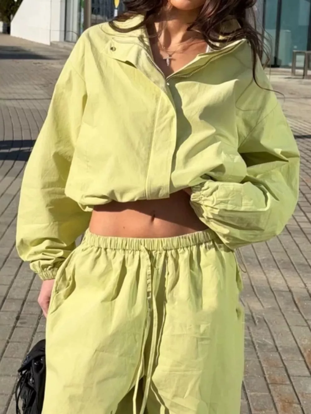 Drawstring Hem Crop Jacket and Wide-Leg Pant Set, image 8