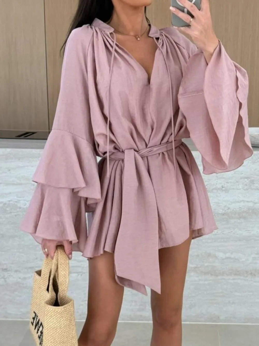 Bell Sleeve Tie Waist Mini Shirt Dress, image 8