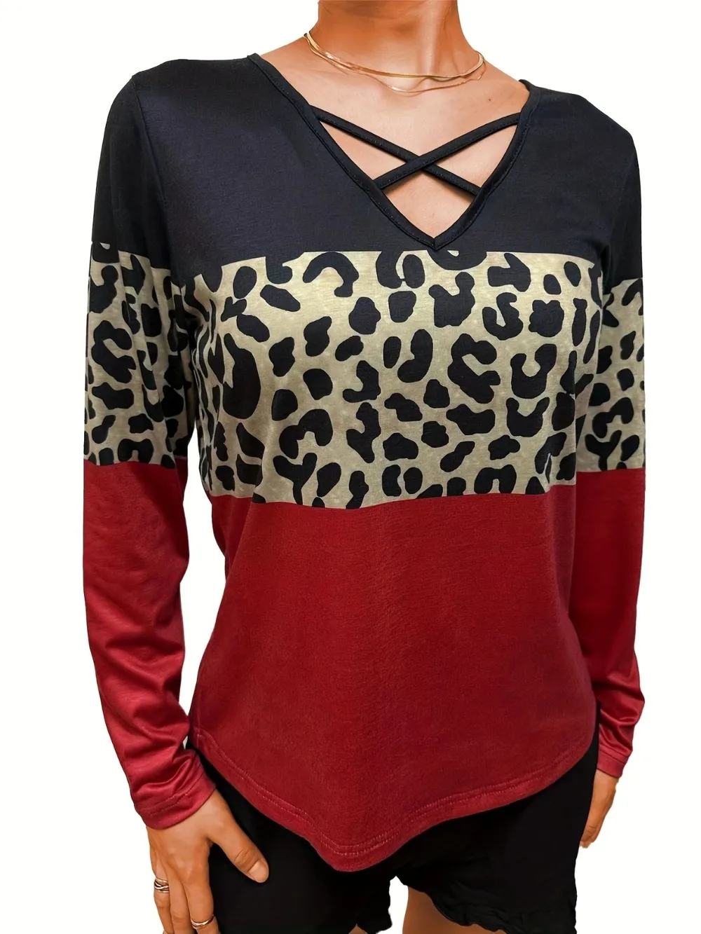 Crisscross Color Block Long Sleeve T-Shirt, image 3