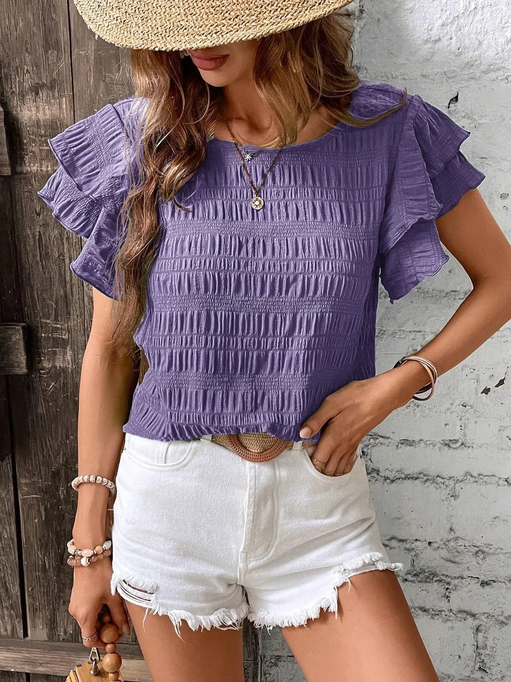 Round Neck Flounce Sleeve Blouse, image 11