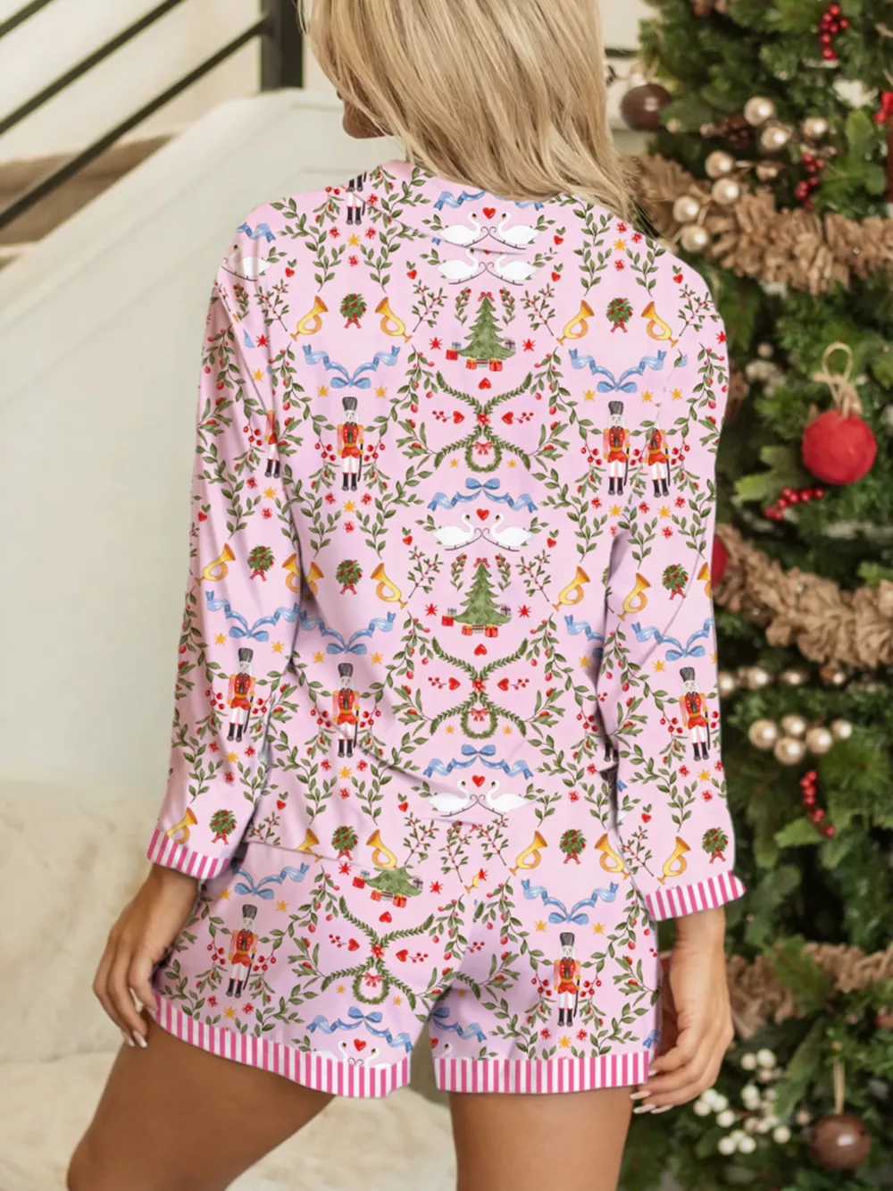 Christmas Holiday Print Nutcracker Long Sleeve Shorts 2pcs Pajama Set, image 3