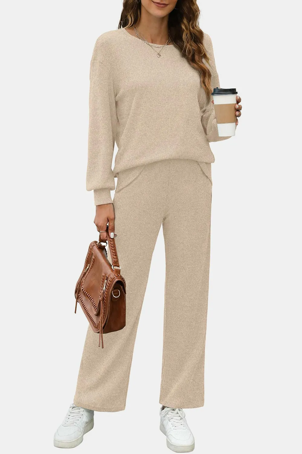Round Neck Long Sleeve Top and Pants Set, image 6