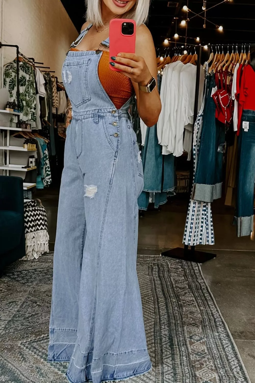 Distressed Wide Leg Denim Overalls, image 3
