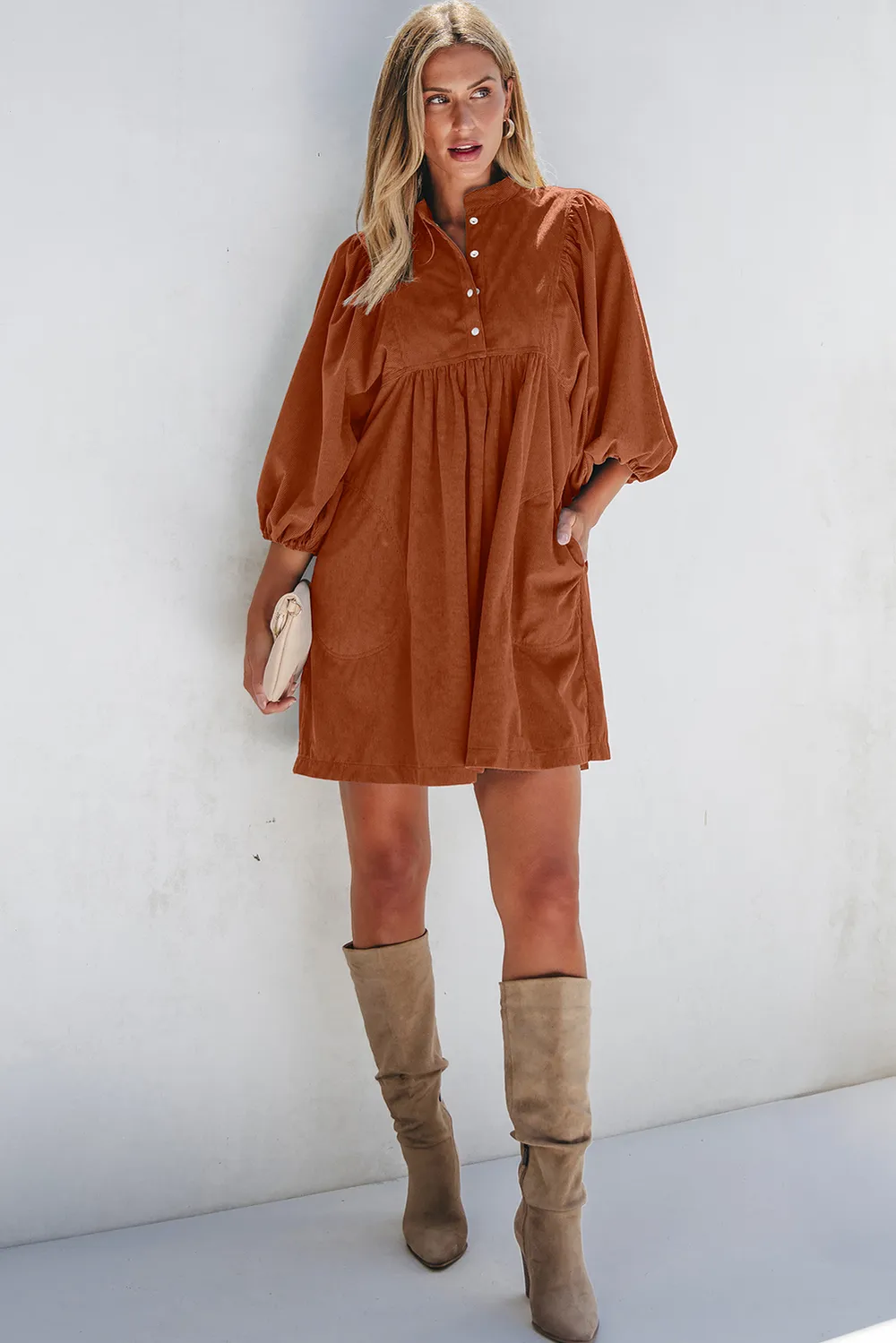 Corduroy Quarter Snap Three-Quarter Sleeve Dress, image 4
