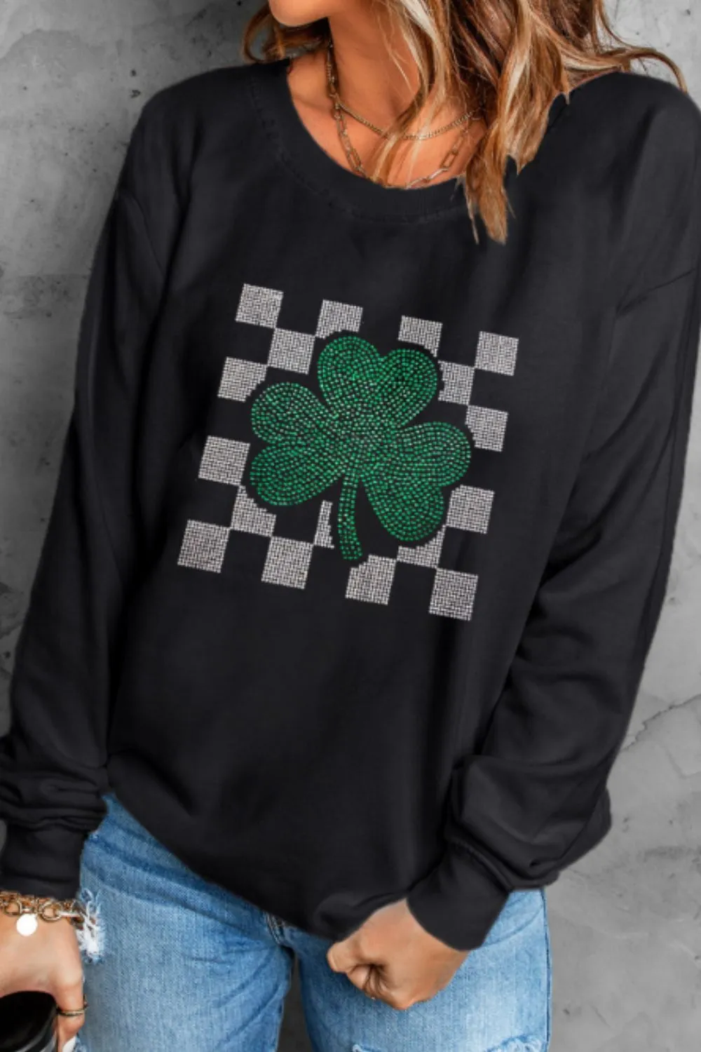 Rhinestone Checkered Lucky Clover Round Neck Sweatshirt, image 3