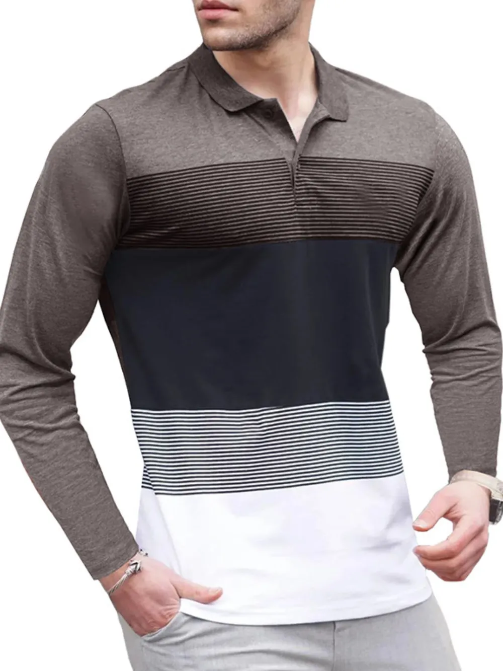 Men's Color Block Striped Long Sleeve Polo Shirt, image 9