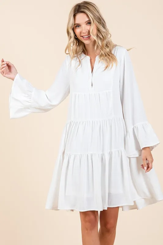 Tiered Notched Flare Sleeve Dress, image 3