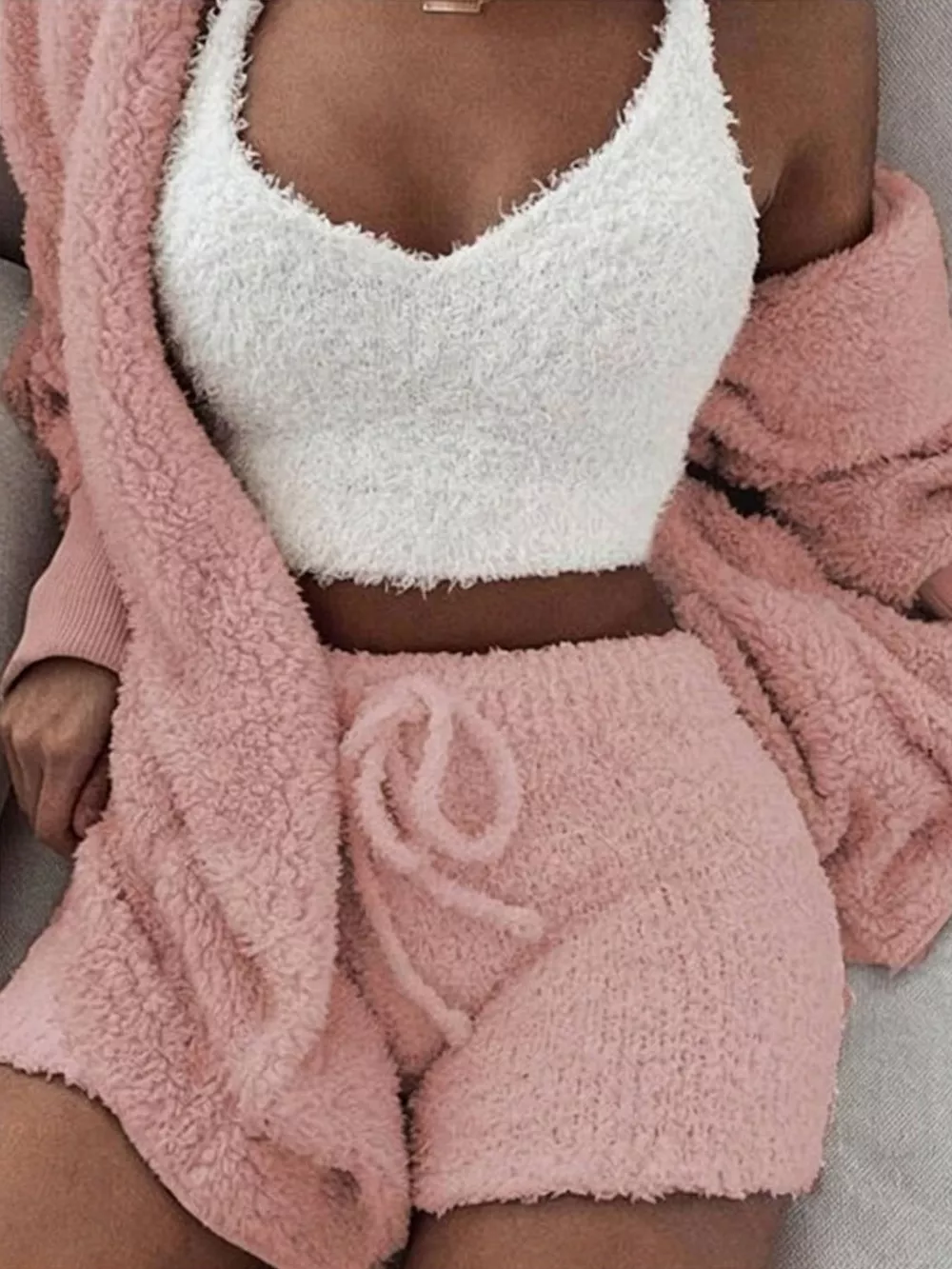 Full Size 3-Piece Fuzzy Plush Cardigan and Shorts Lounge Set with Crop Top Plus Size, image 8