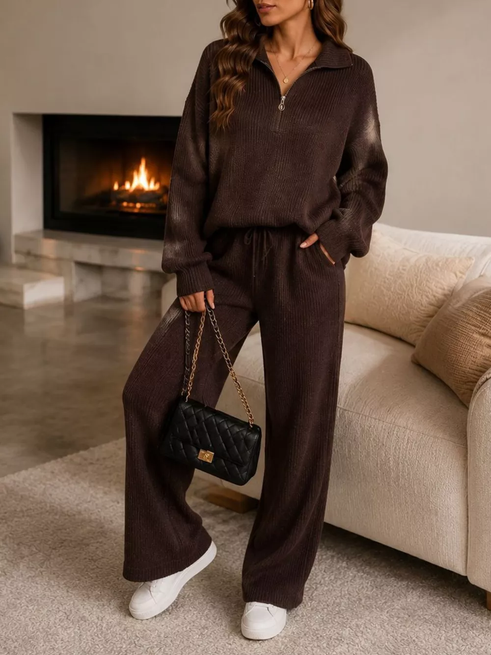 Ribbed Knit Quarter-Zip Top and Wide-Leg Pants Set, image 5