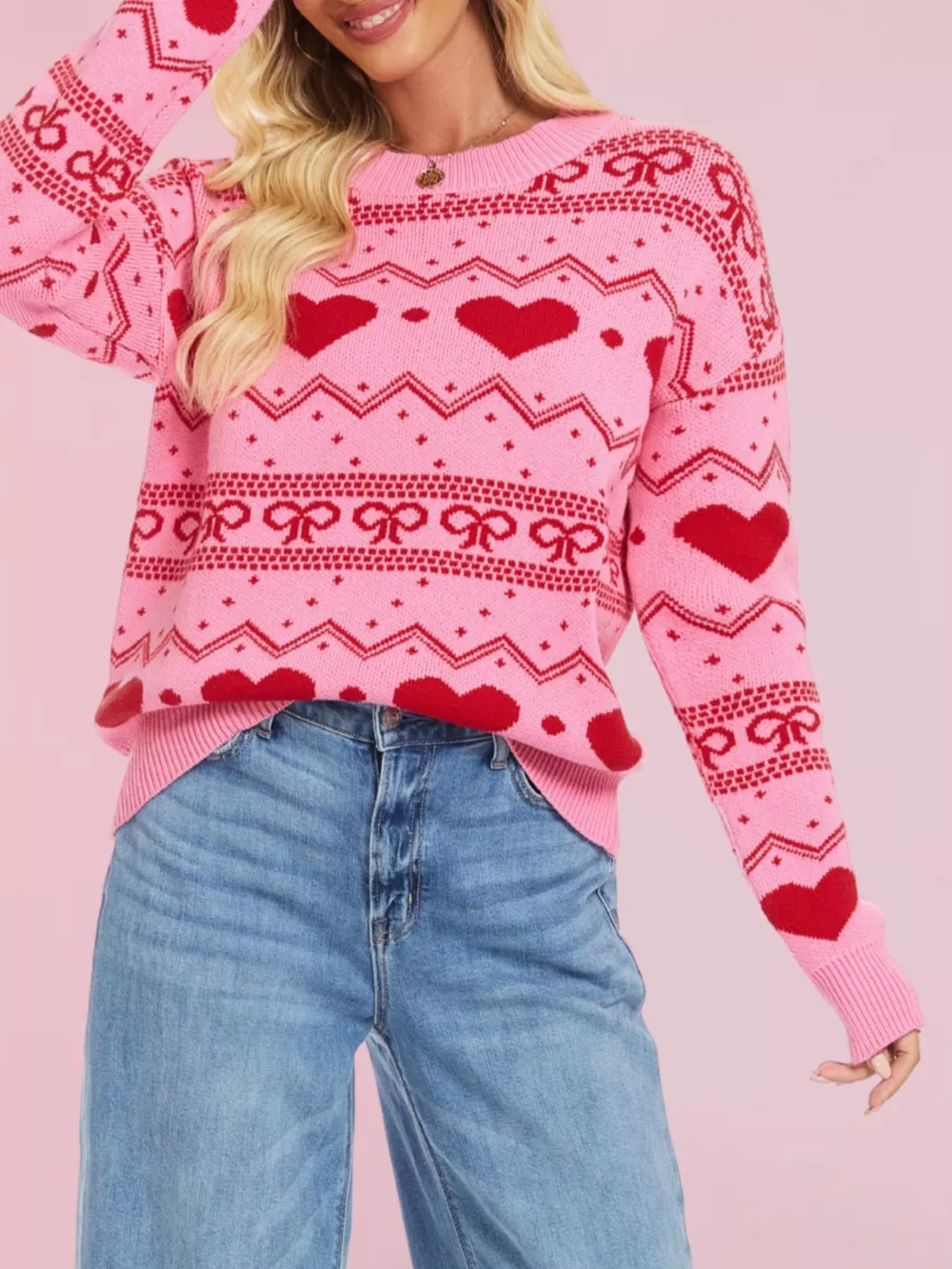 Heart & Bow Pattern Round Neck Sweater, image 7