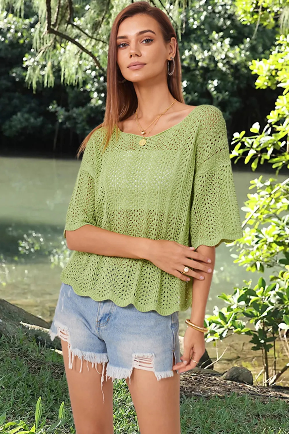 Openwork Round Neck Half Sleeve Knit Top, image 12