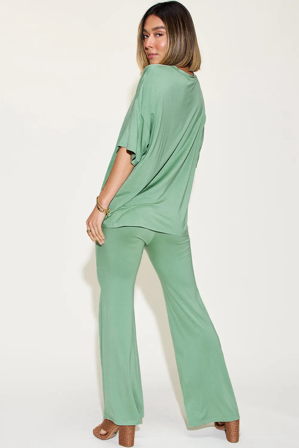 Full Size Bamboo Drop Shoulder T-Shirt and Flare Pants Set, image 5