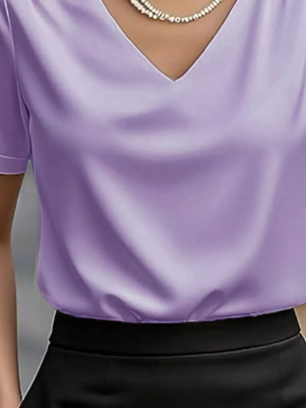 V-Neck Short Sleeve Satin Blouse, image 3