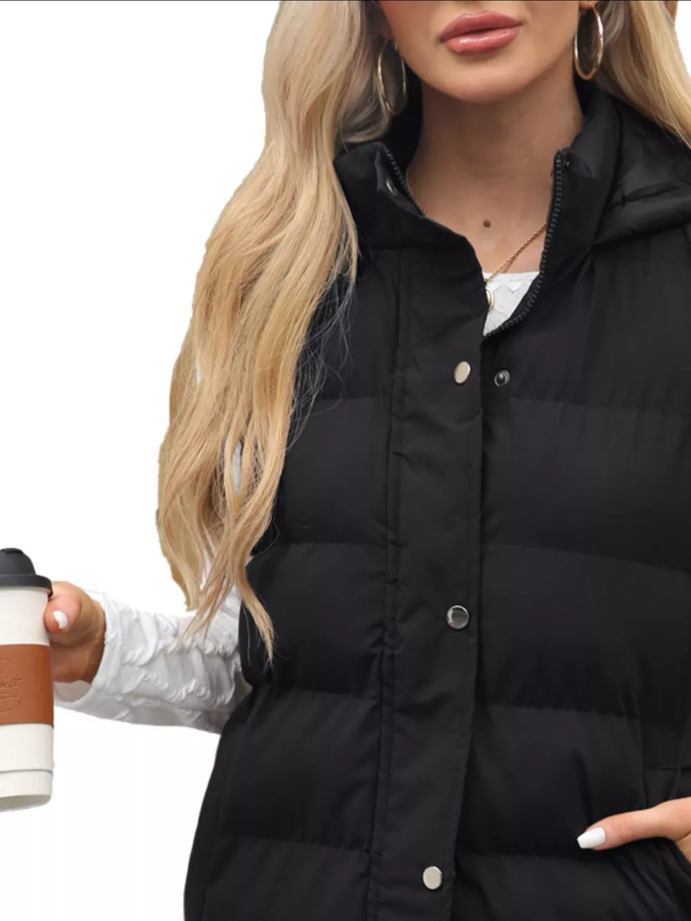 Full Size Snap Down Hooded Padded Longline Vest Coat Plus Size, image 14