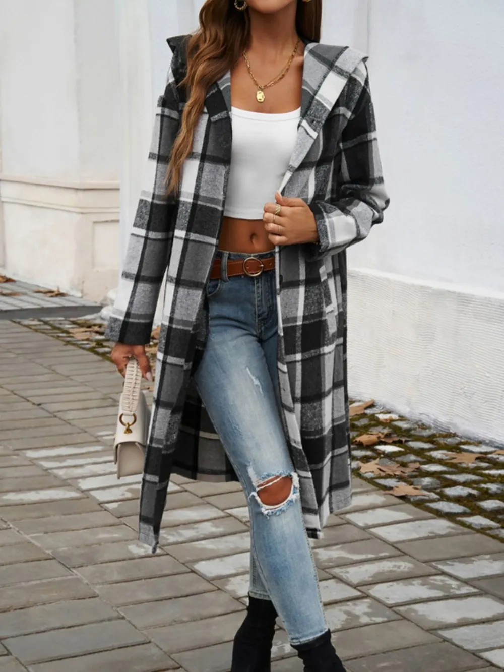 Plaid Long Sleeve Hooded Coat, image 13