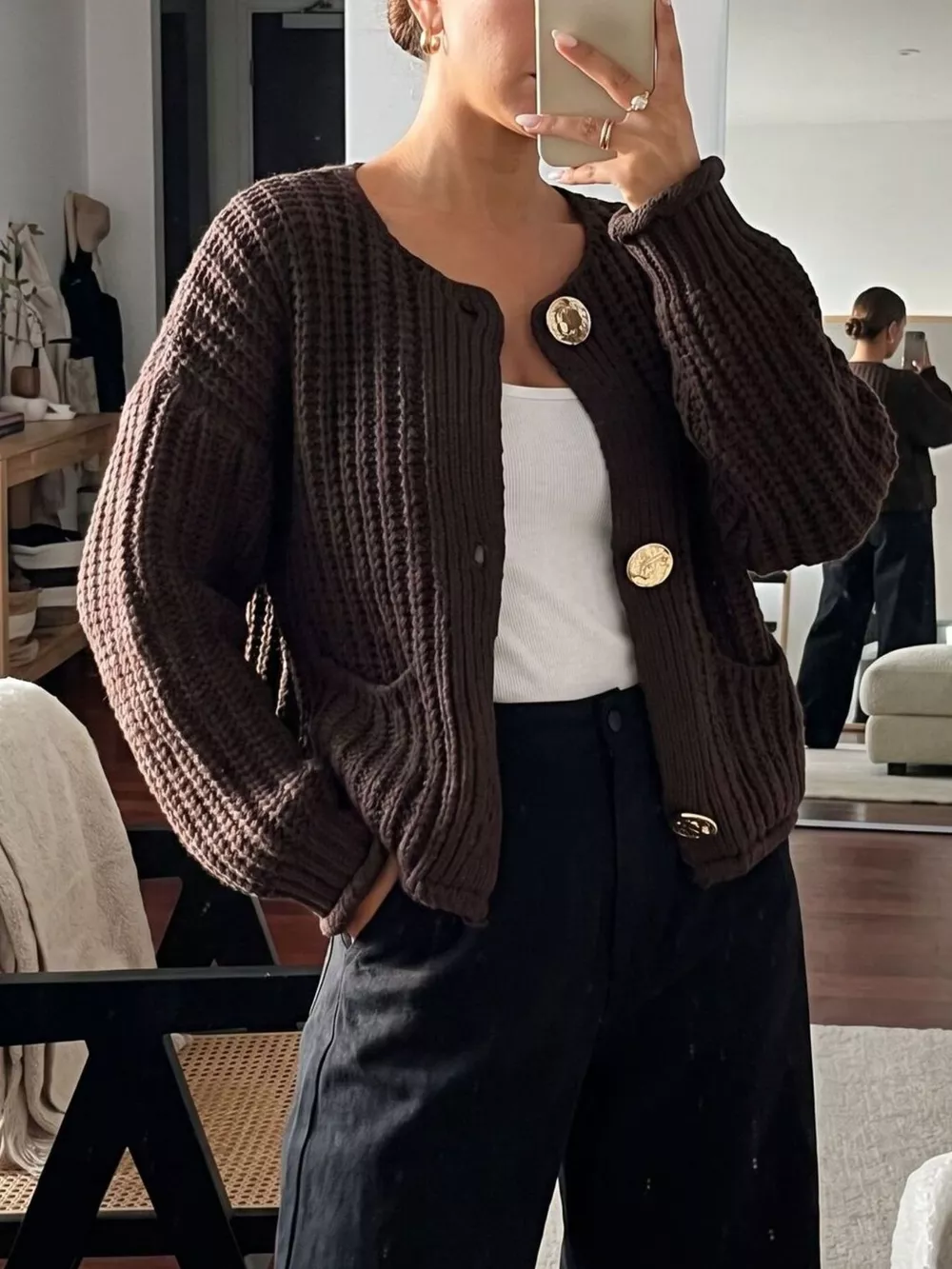 Ribbed Knit Cardigan with Gold-Tone Buttons, image 10