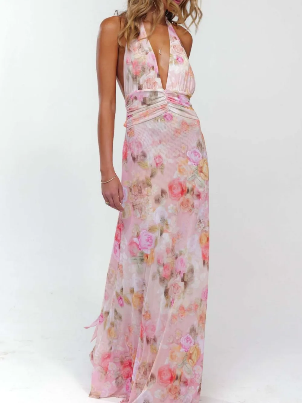 Floral Halter Neck Deep V Maxi Dress, image 6