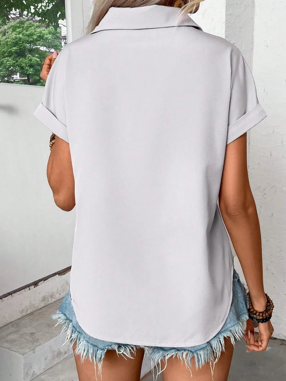 Pleated Detail Collared Neck Short Sleeve Shirt, image 9