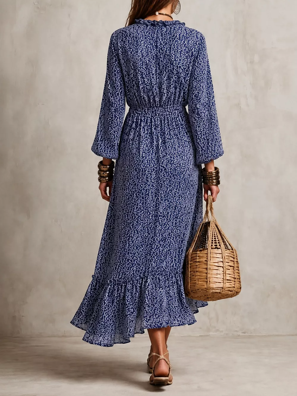 Floral Print Long-Sleeve Ruffle Hem Midi Dress, image 2