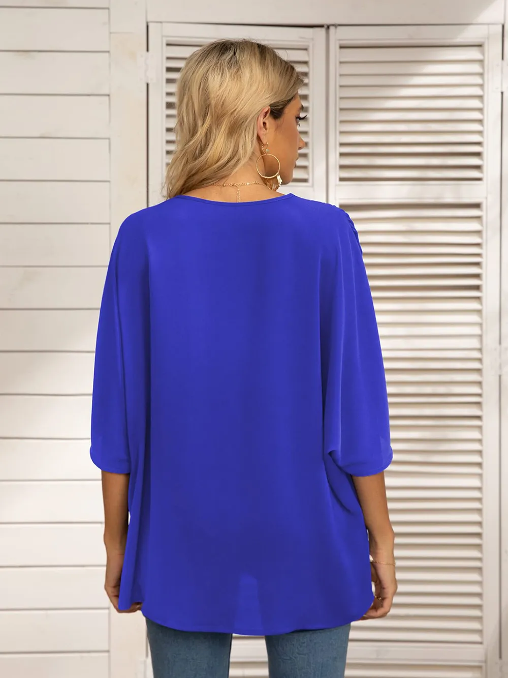 Printed Trim V-Neck Batwing Sleeve Blouse, image 3