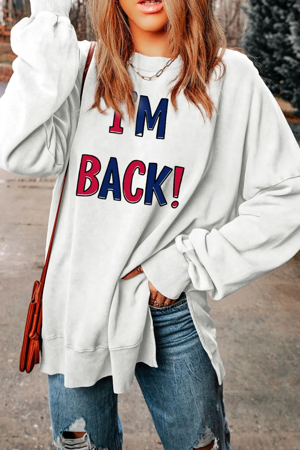 I'M BACK Slit Round Neck Long Sleeve Sweatshirt, image 3