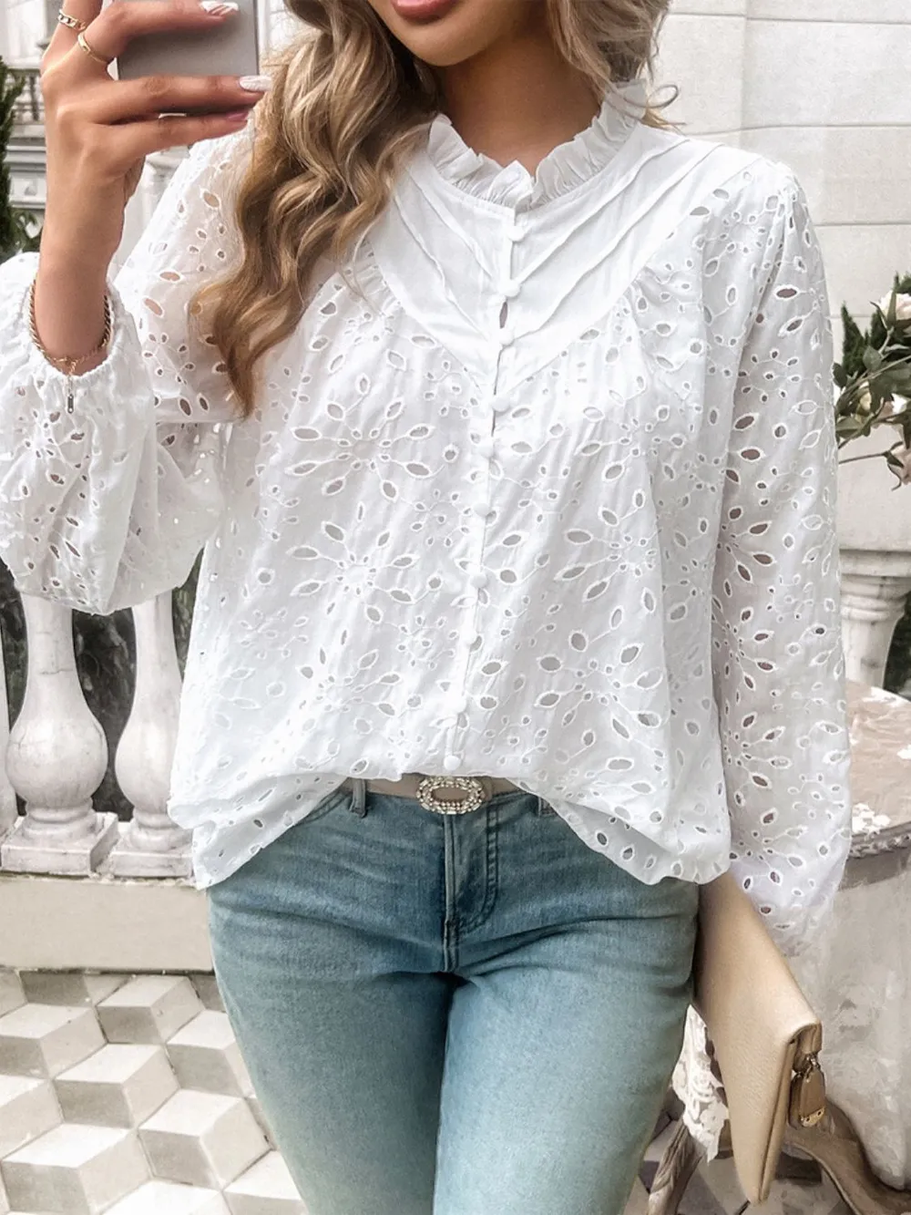 Frill Round Neck Long Sleeve Shirt, image 13