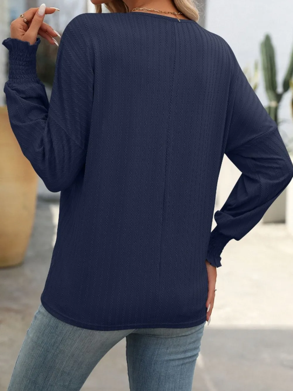 Textured Notched Lantern Sleeve T-Shirt, image 8
