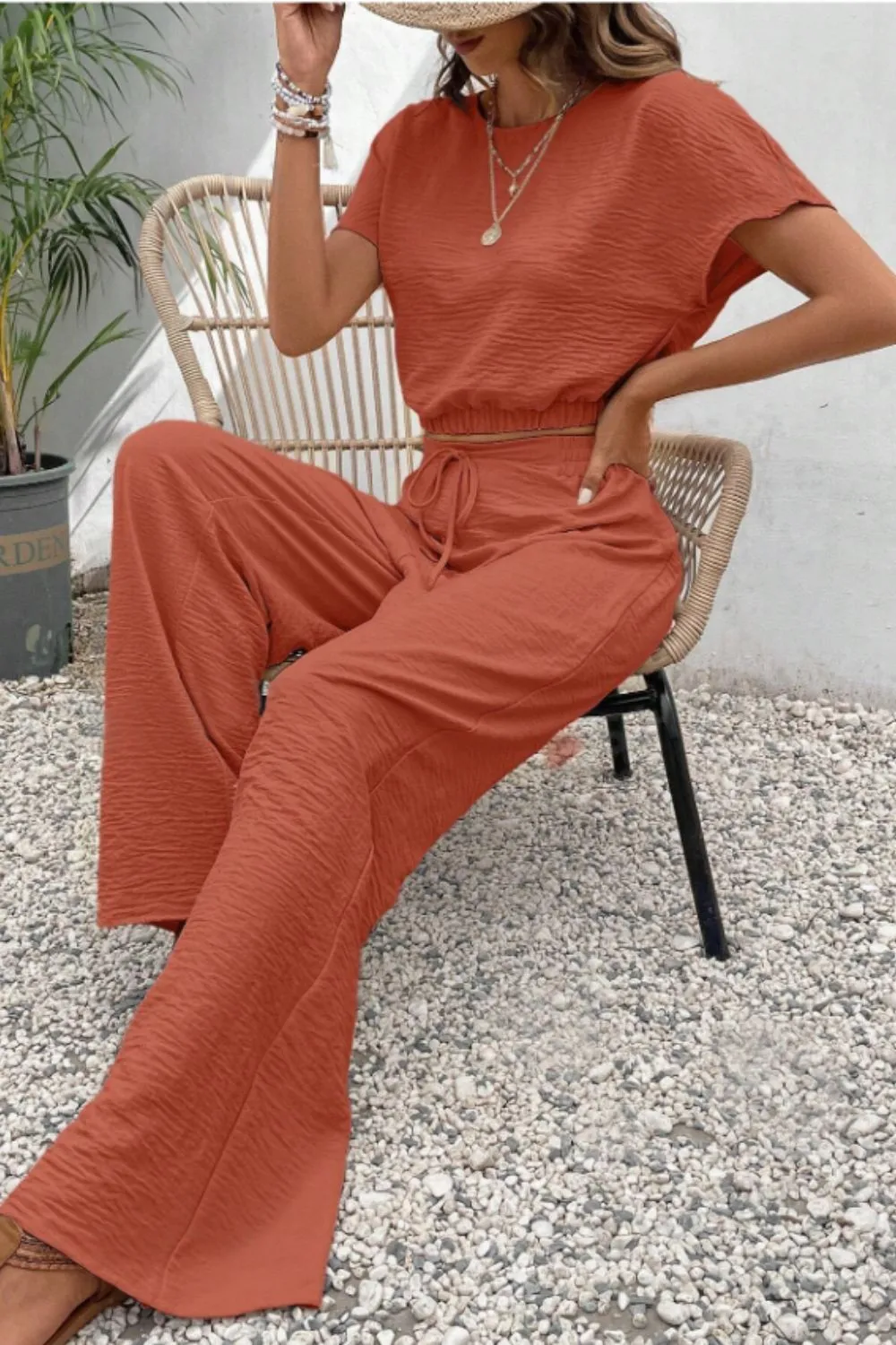 Round Neck Short Sleeve Top and Pants Set, image 6