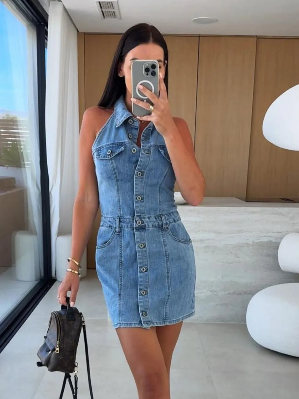 Button Front Sleeveless Denim Mini Dress, image 3