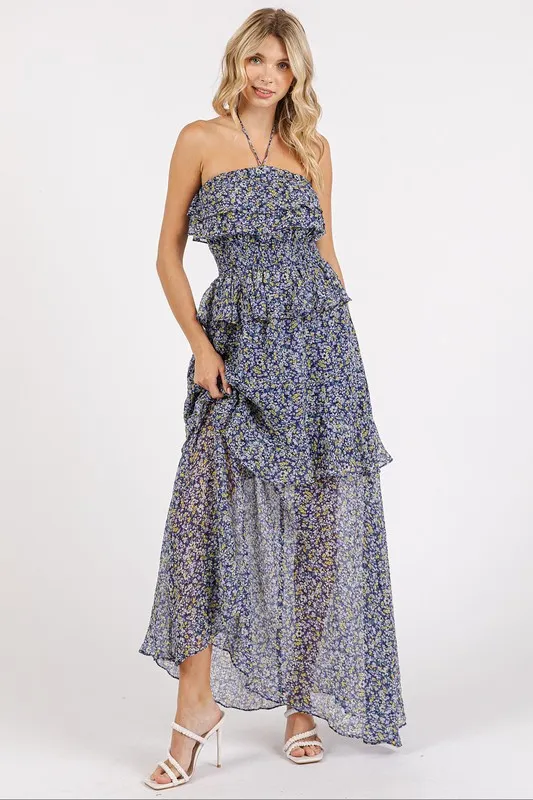 Ruffled Smocked Floral Halter Neck Maxi Dress, image 2