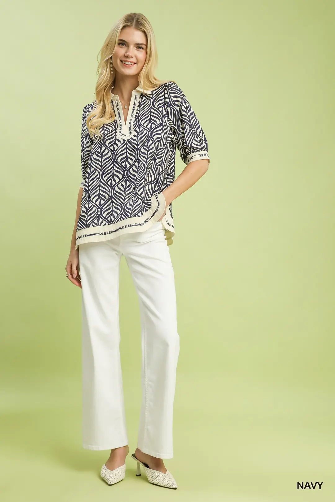 Geometric Leaf Print Popover Top, image 2