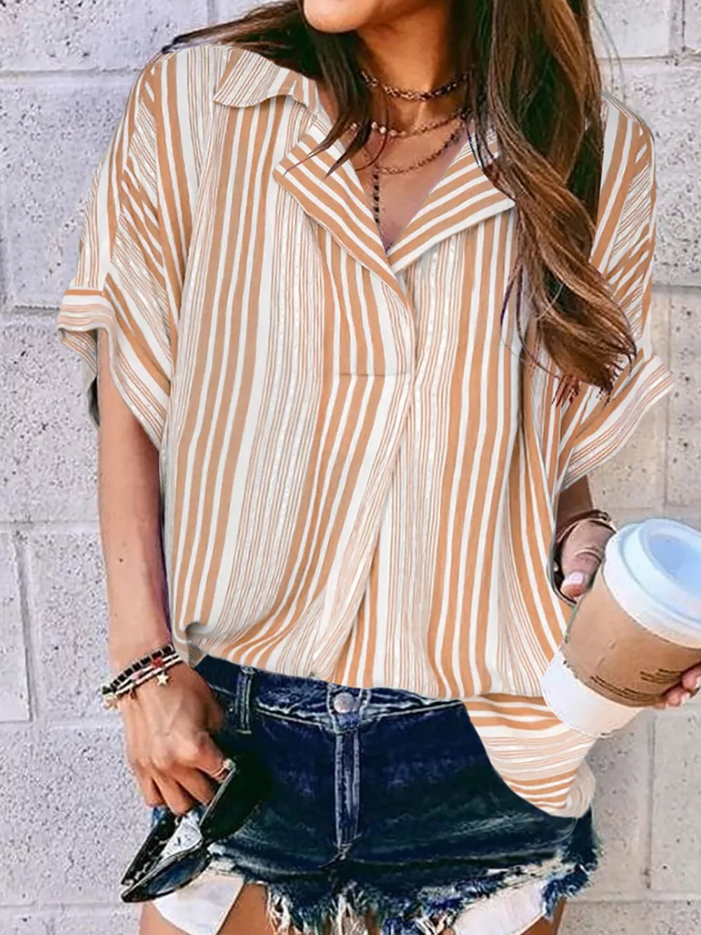 Full Size Collared Neck Half Sleeve Shirt Plus Size, image 11