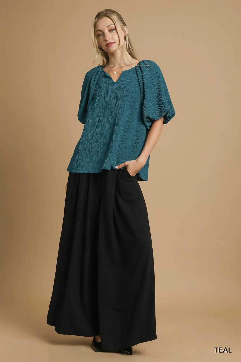 Textured Flutter Sleeve Notch Neck Top, image 6