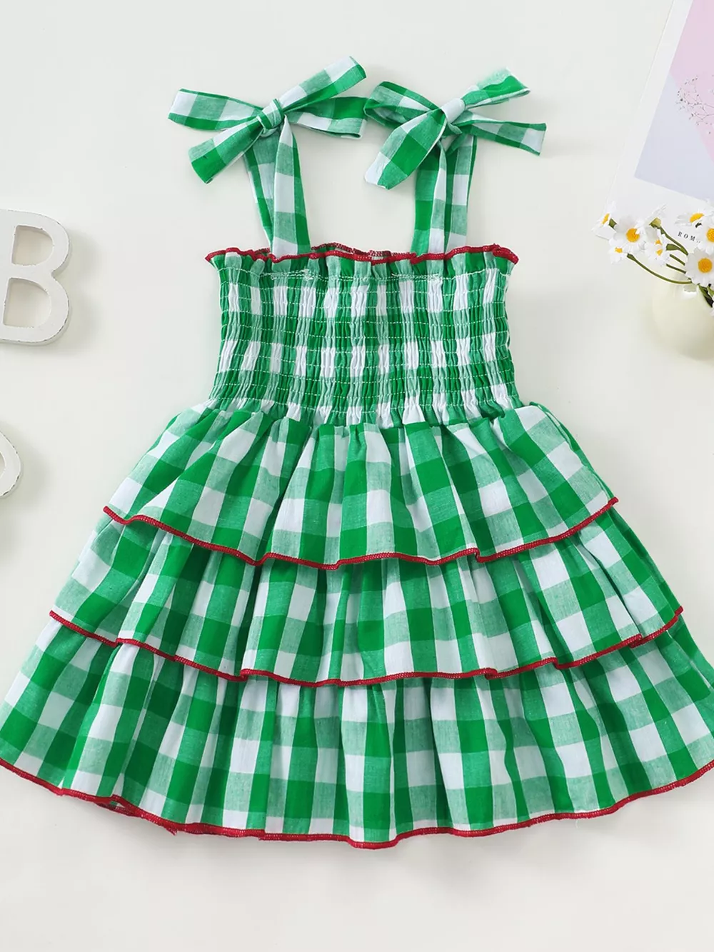 Children's Gingham Tiered Dress with Bow Tie Straps, image 4