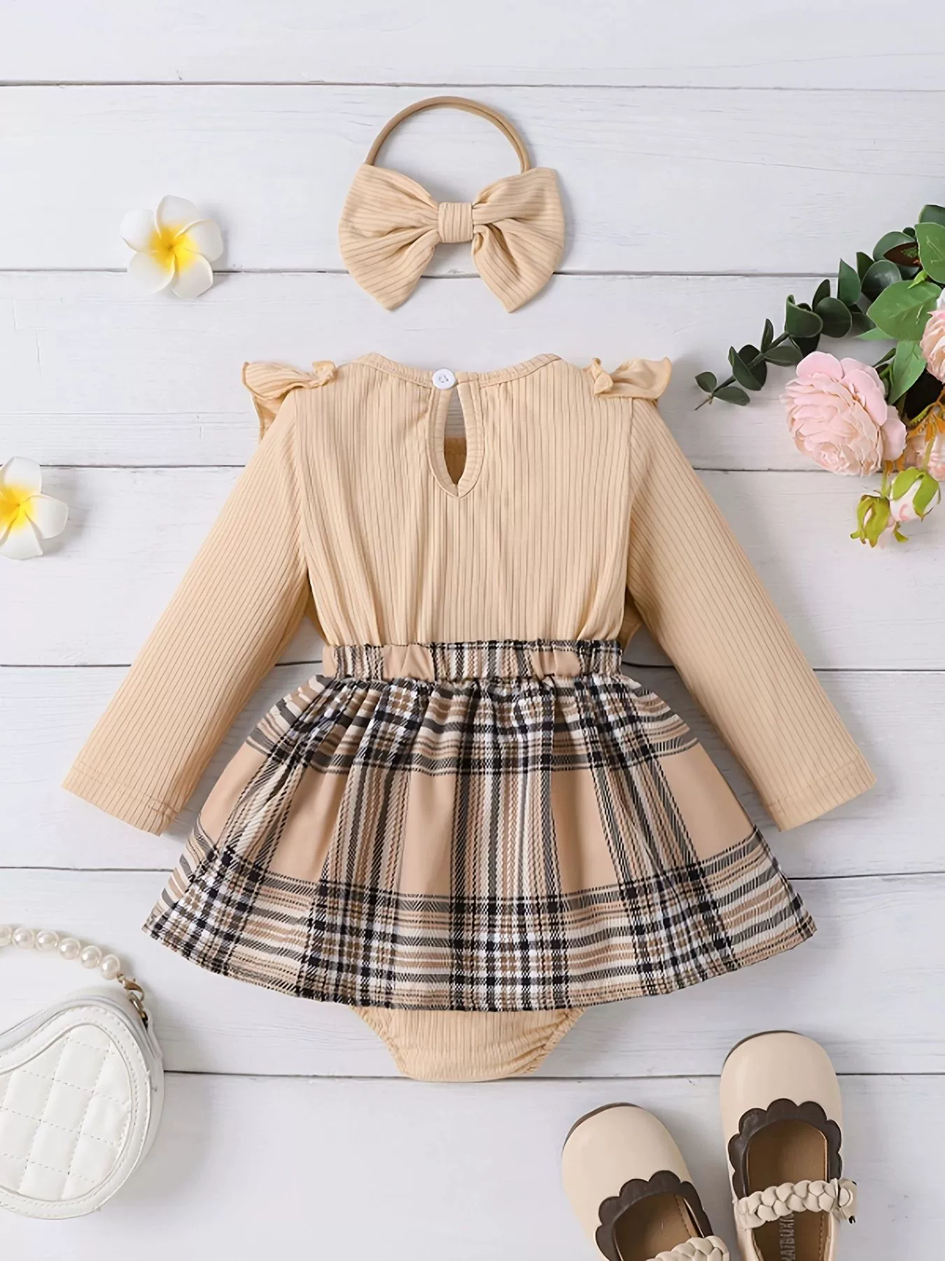 Children's Ruffle Trim Plaid Dress with Headband Set, image 4