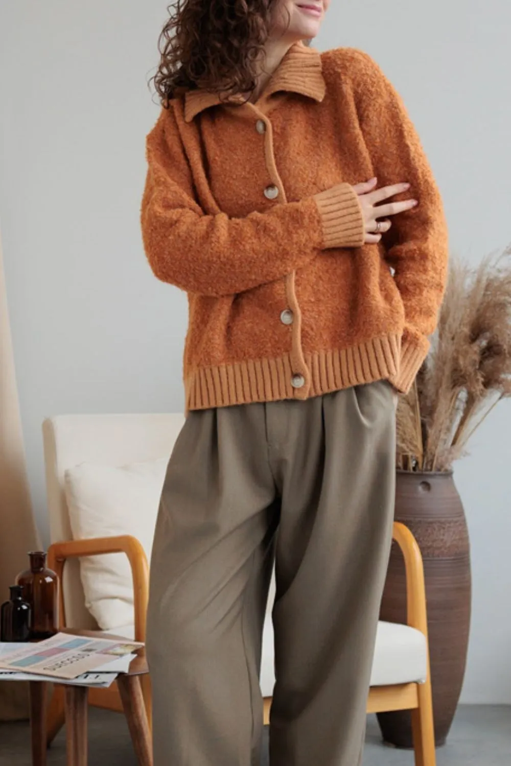 Collared Neck Button Down Long Sleeve Cardigan, image 6