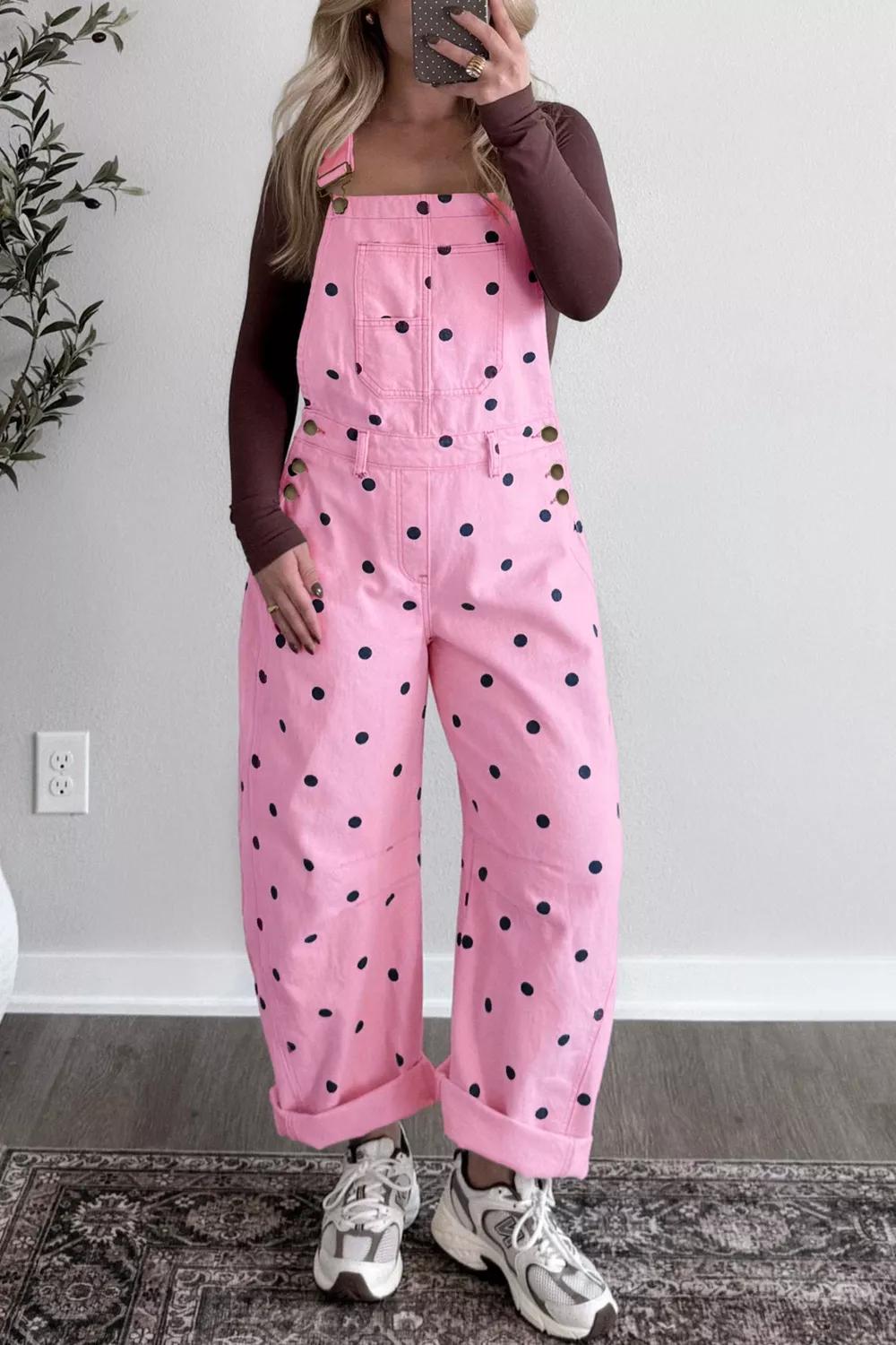 Polka Dot Print Bib Pocket Denim Barrel Overalls, image 2