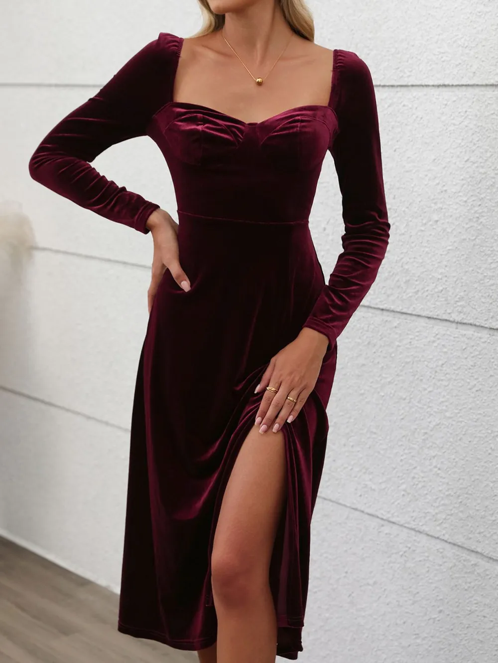 Sweetheart Neck Long Sleeve Midi Dress, image 3