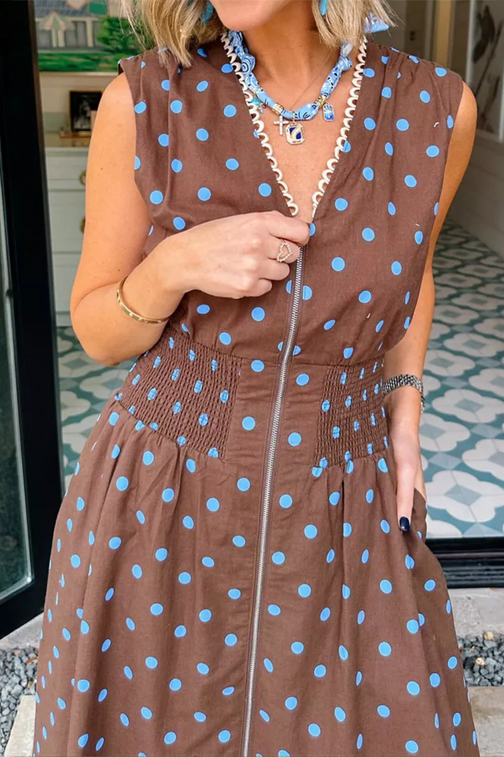 Polka Dot Zipper Front Midi Dress, image 6