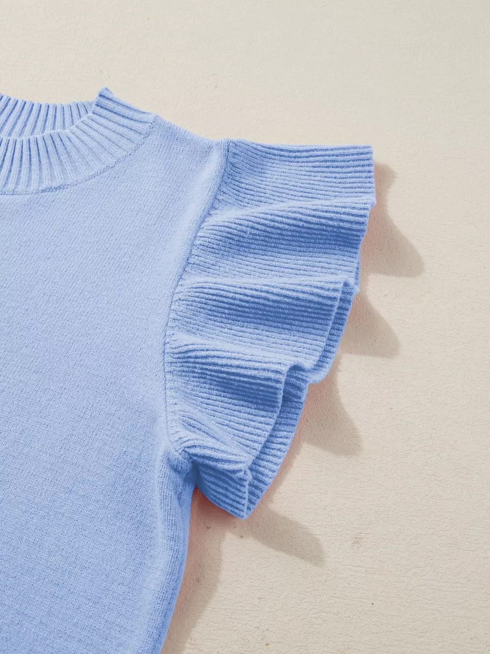 Solid Color Ribbed Trim Round Neck Ruffle Short Sleeve Sweater, image 10