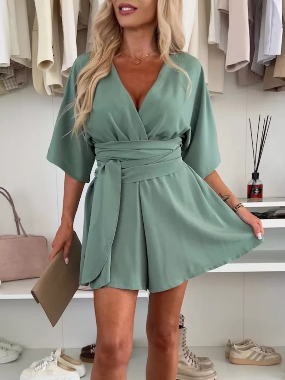 Full Size Surplice Tie Waist Romper Plus Size, image 4