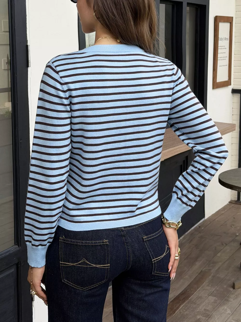 Striped Crew Neck Button-Down Cardigan, image 5