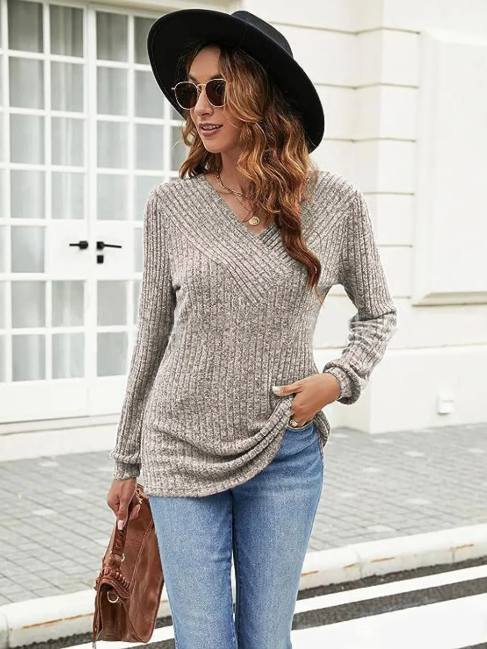 Ribbed Surplice Long Sleeve T-Shirt, image 10